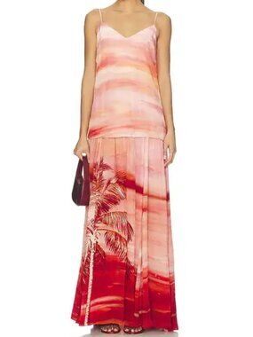NWT - HEMANT & NANDITA Asma Sunset Palm Ombre Silk Maxi Dress - sz M